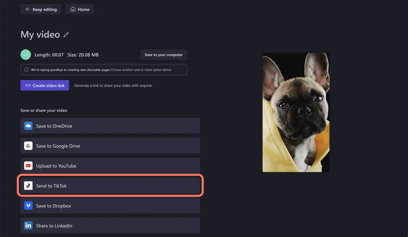 An image of a user sharing a video with the TikTok integration.