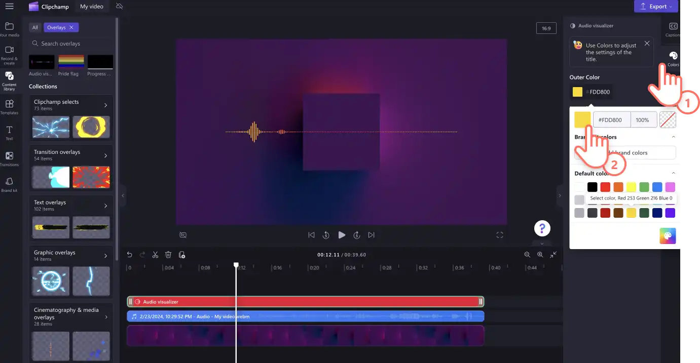 Een afbeelding van een gebruiker die de kleur van de audio visualiserende overlay bewerkt. 