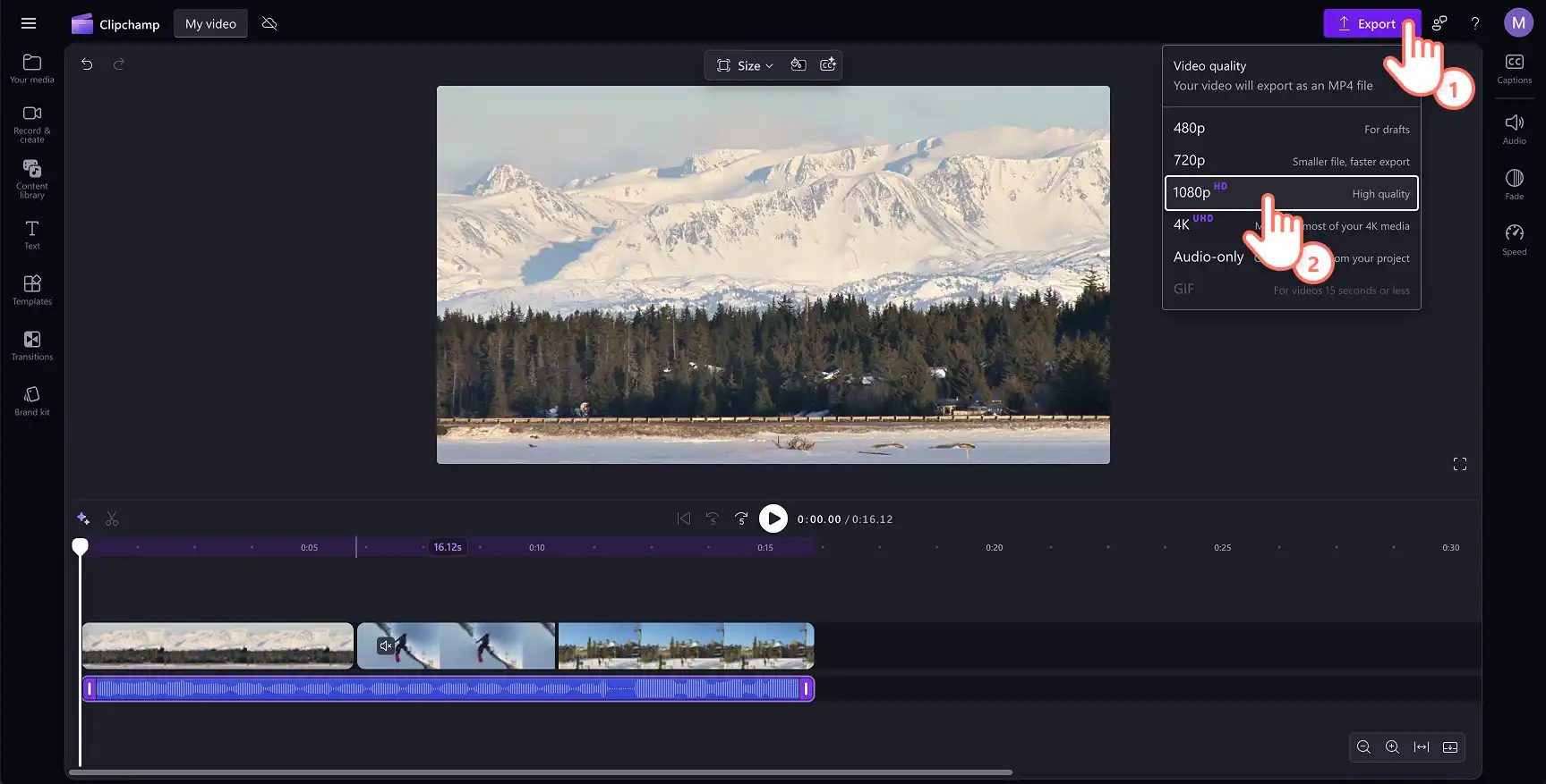 A user exporting a video with royalty-free background music in Clipchamp.
