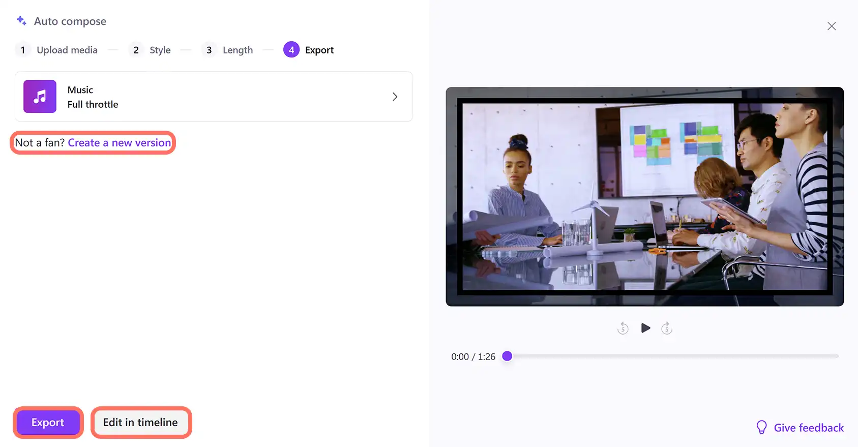 Un utente che visualizza l'anteprima delle opzioni di esportazione o modifica della composizione automatica nell'editor video Clipchamp.