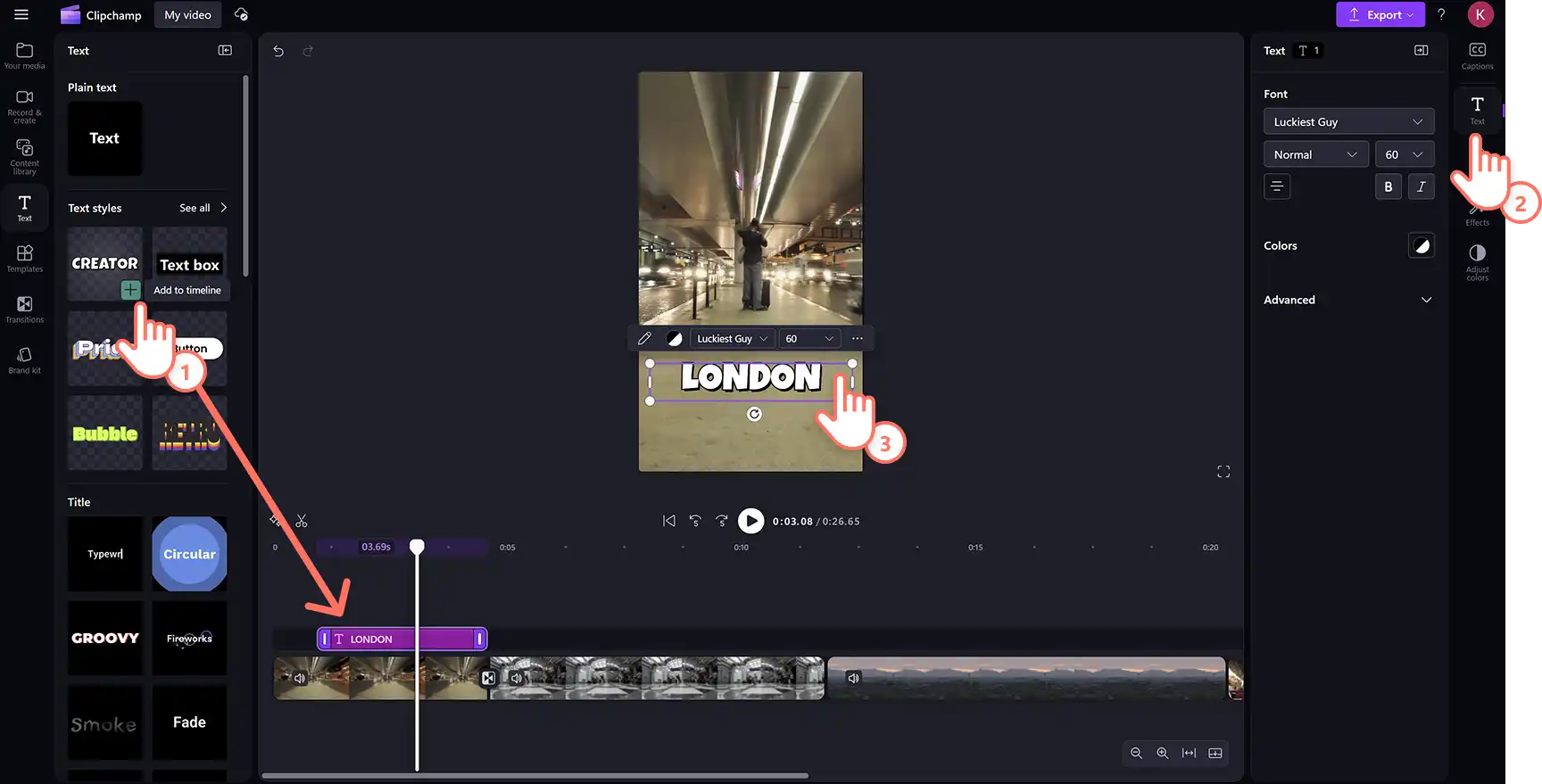Użytkownik dodający animowany tekst do filmu z najważniejszymi momentami podróży w edytorze wideo Clipchamp. 