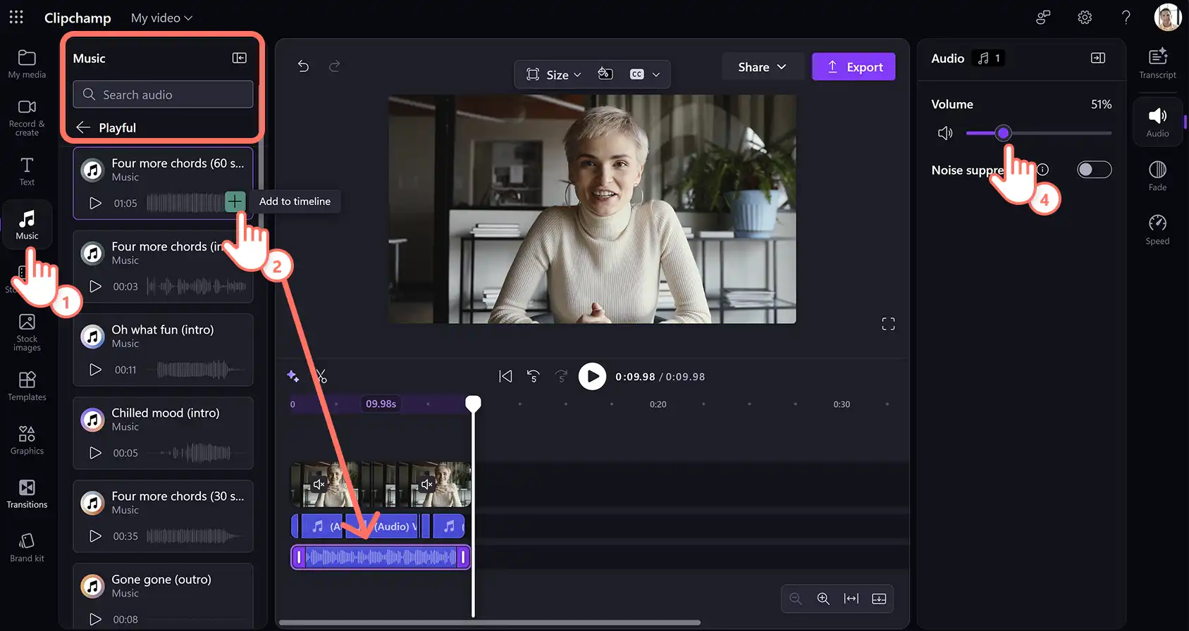 En bruger føjer baggrundsmusik til en video med kundeudtalelser i Clipchamp til arbejde.