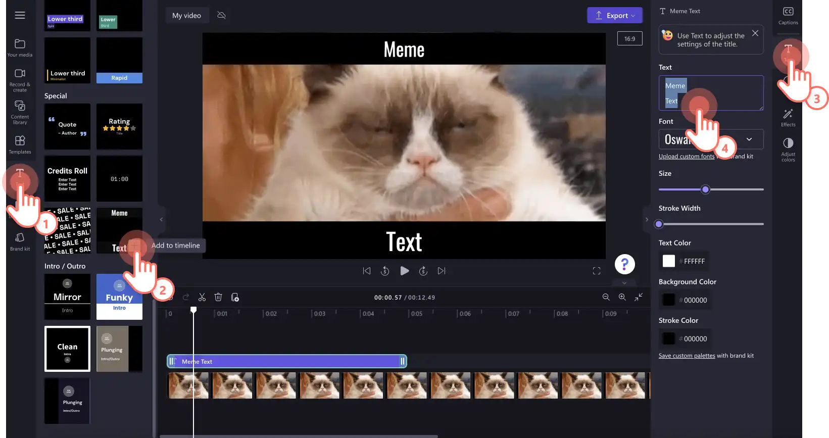 Image d’un utilisateur ajoutant un texte de mème à sa vidéo. 