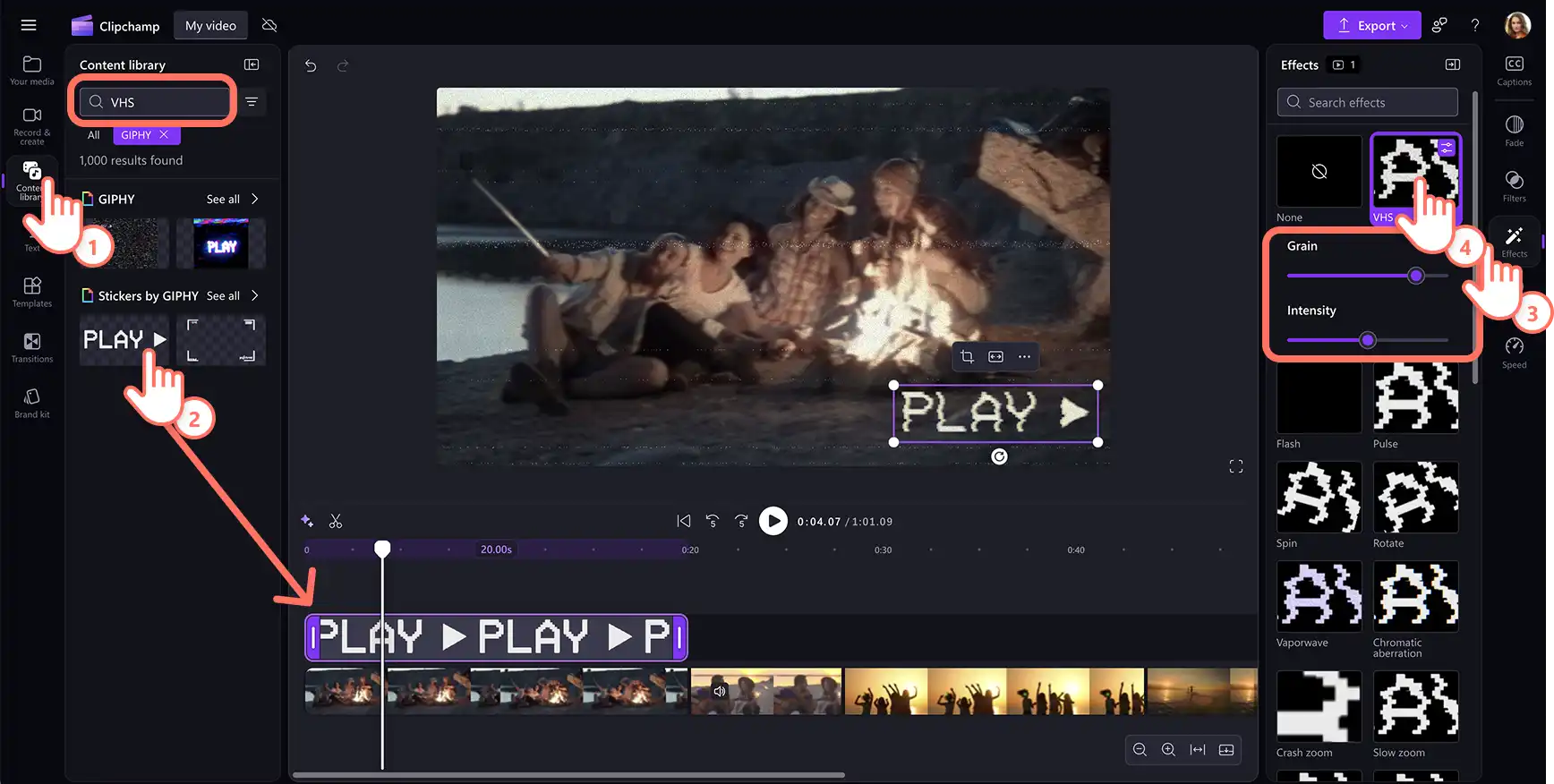 Um usuário adicionando o efeito VHS a um ativo de adesivo animado em Clipchamp.