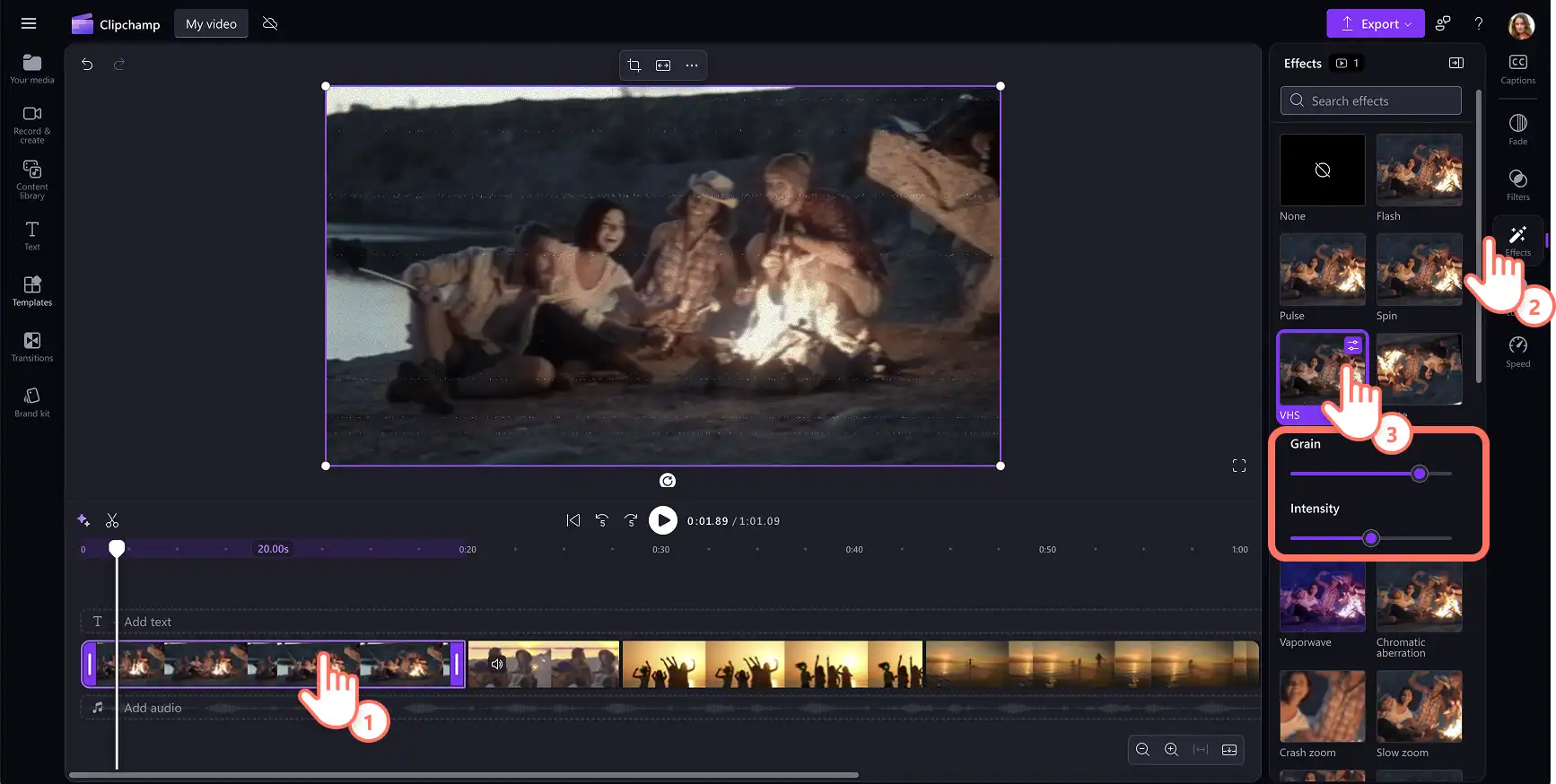 Um usuário adicionando o efeito VHS a um ativo de vídeo no linha do tempo em Clipchamp.