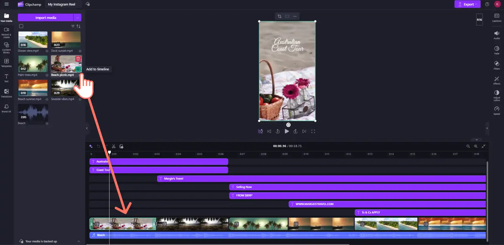 Người dùng Clipchamp đang thêm cảnh quay video cá nhân vào dòng thời gian video Instagram Reel của họ.