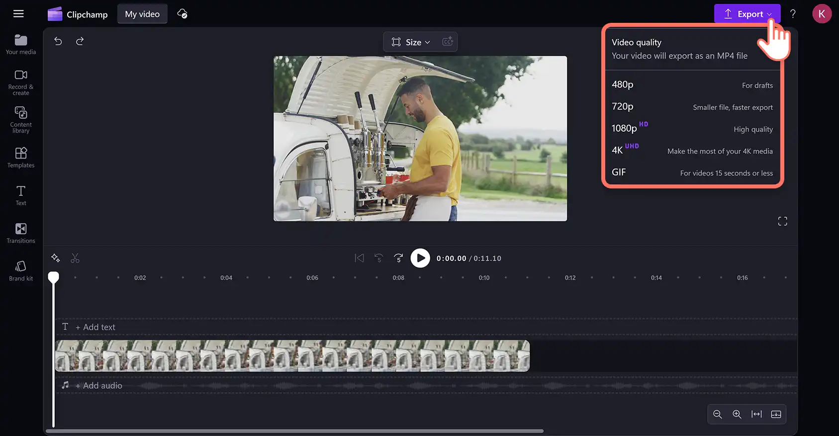 Un utilisateur exportant une vidéo redimensionnée pour Instagram dans l’éditeur vidéo Clipchamp.
