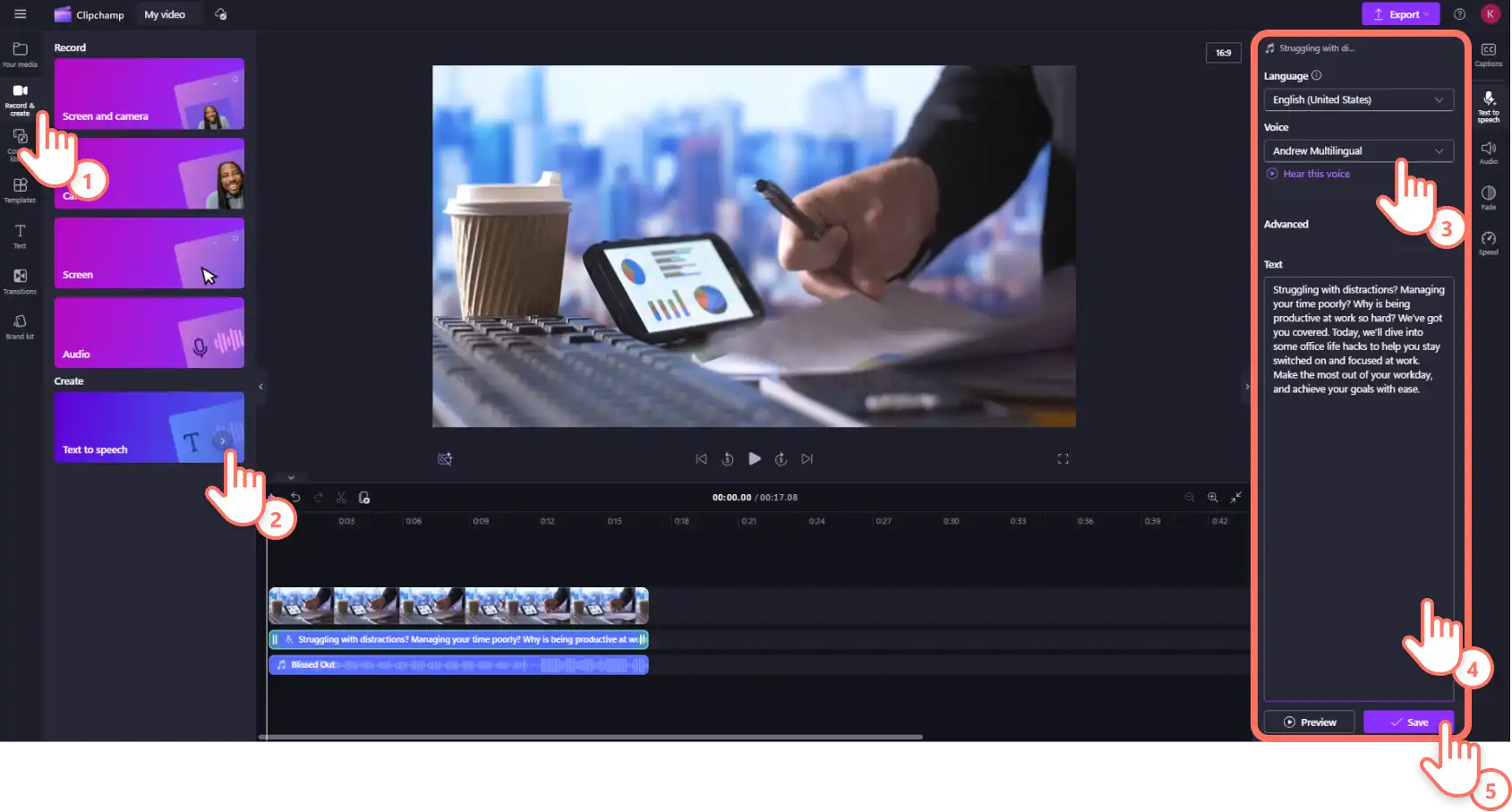 一位用户使用 Clipchamp 中的文本转语音功能添加 AI 画外音。