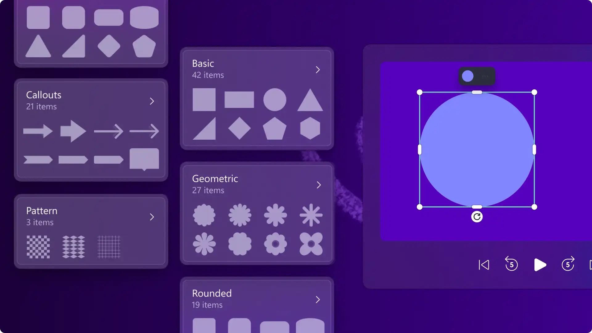 Pengguna melihat pratinjau beragam kategori overlay bentuk vektor di editor video Clipchamp. 