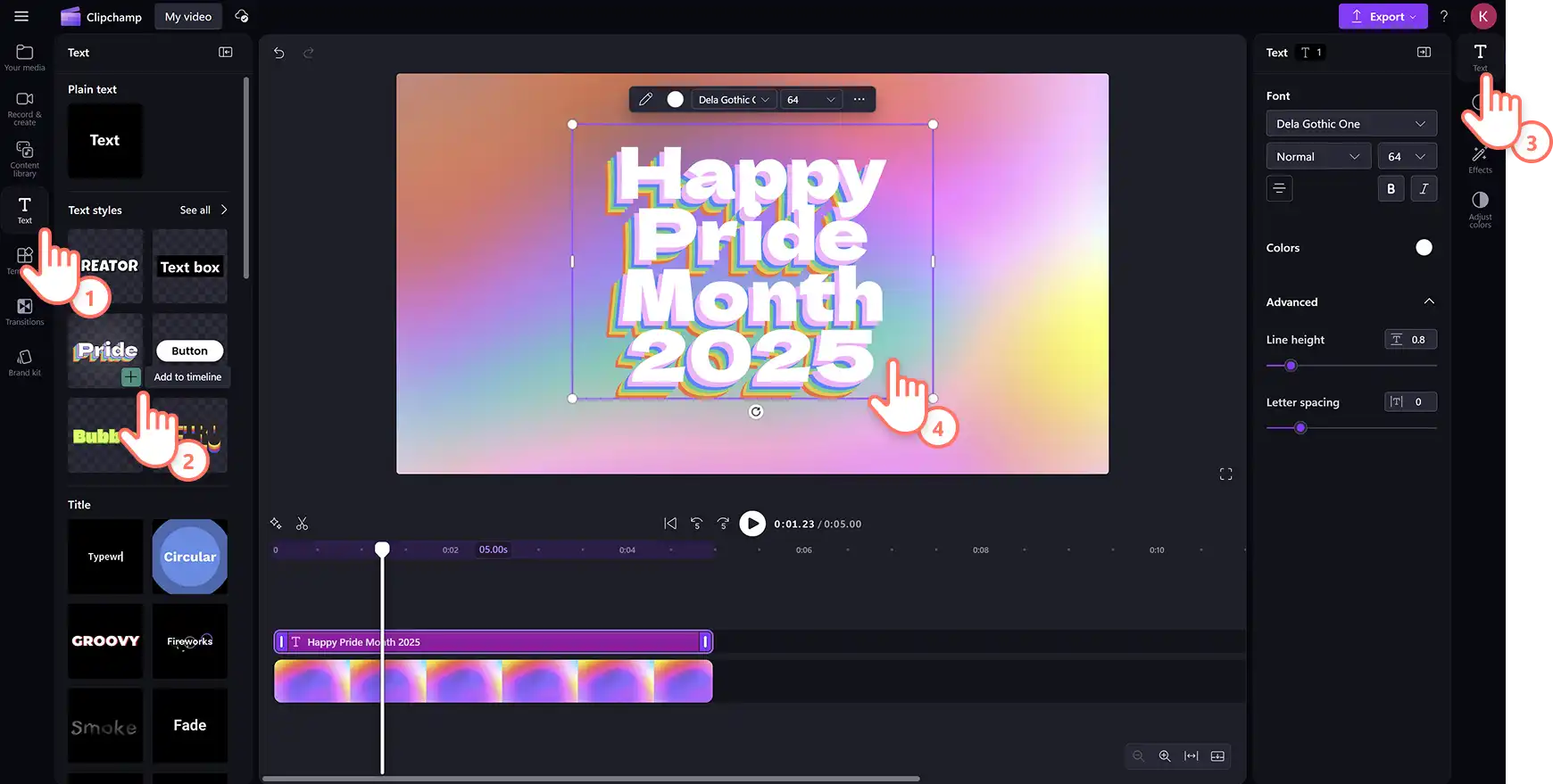 Користувач додає спеціальний шрифт для прайду до відео в редакторі Clipchamp. 