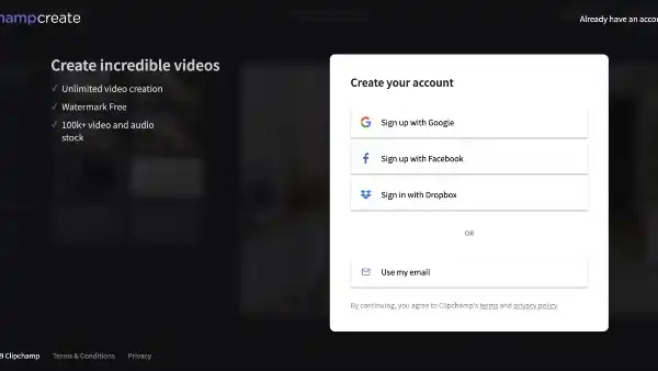 Шаг 1. Начните с создания учетной записи в Clipchamp 
