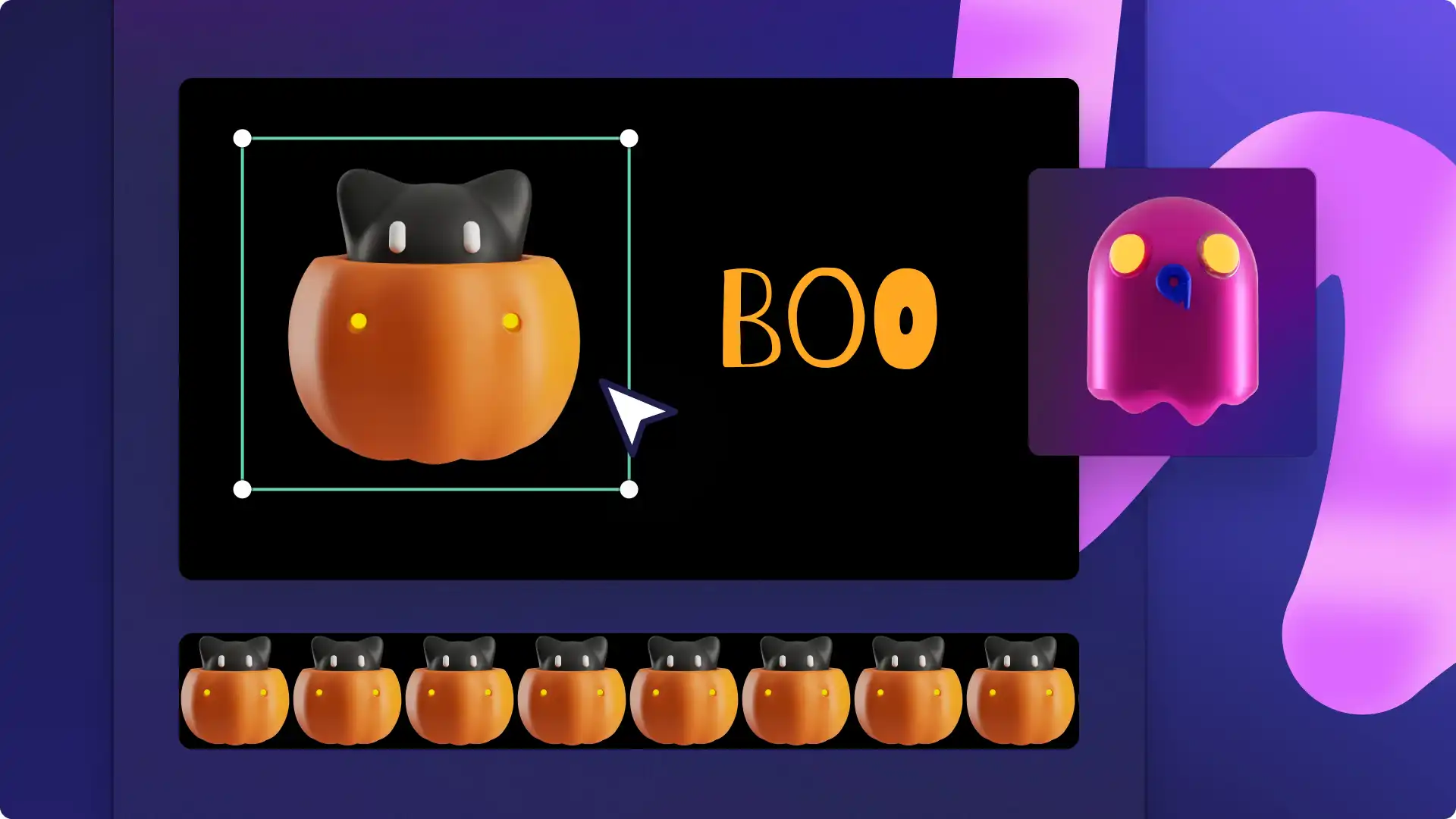 Imej editor Clipchamp dengan emoji labu dan hantu. 