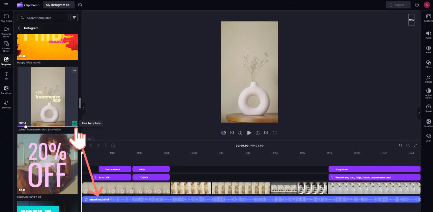 Ein Benutzer lädt eine Instagram-Videoanzeigenvorlage in Clipchamp. 