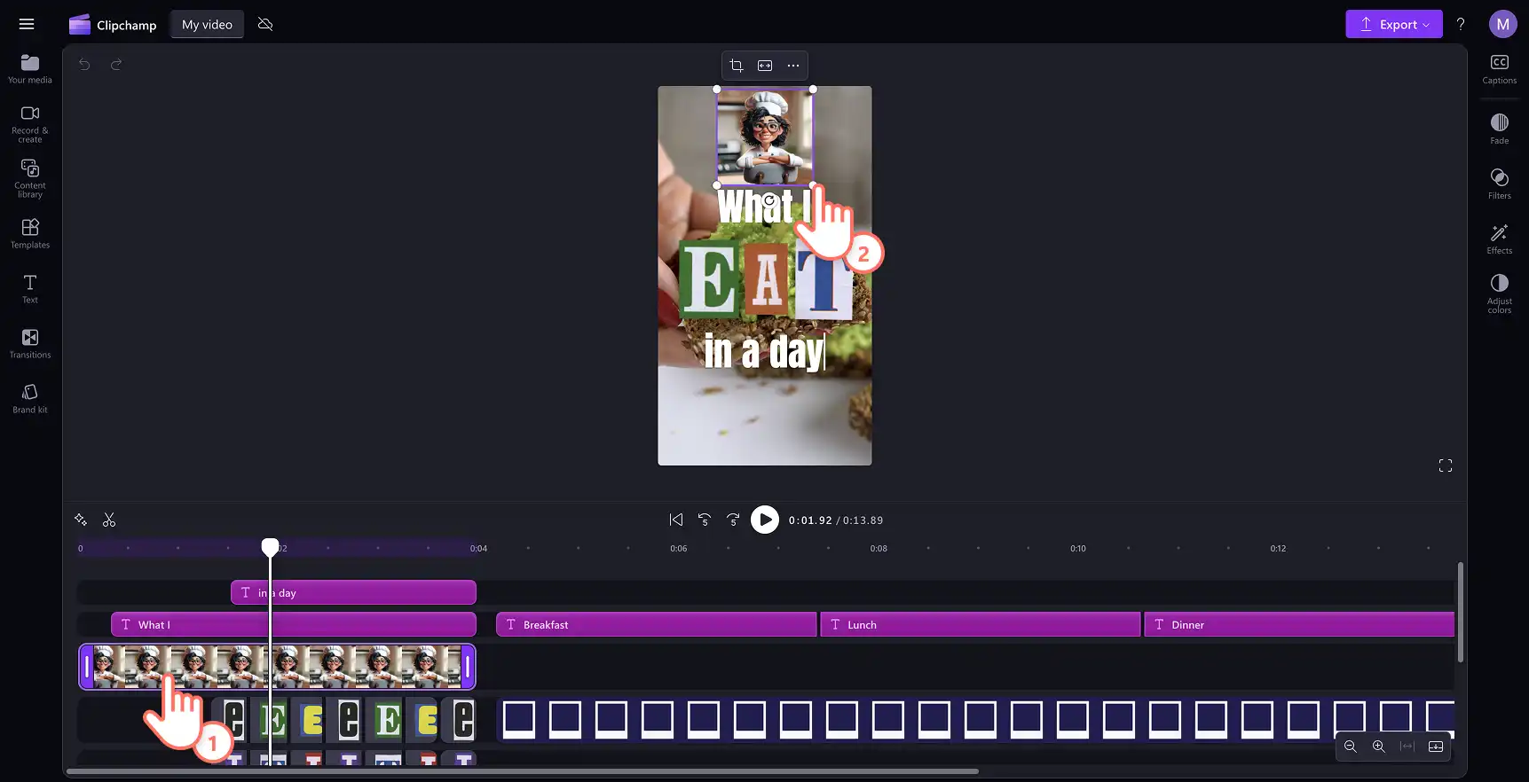Pengguna menambahkan avatar ke lini masa video di Clipchamp