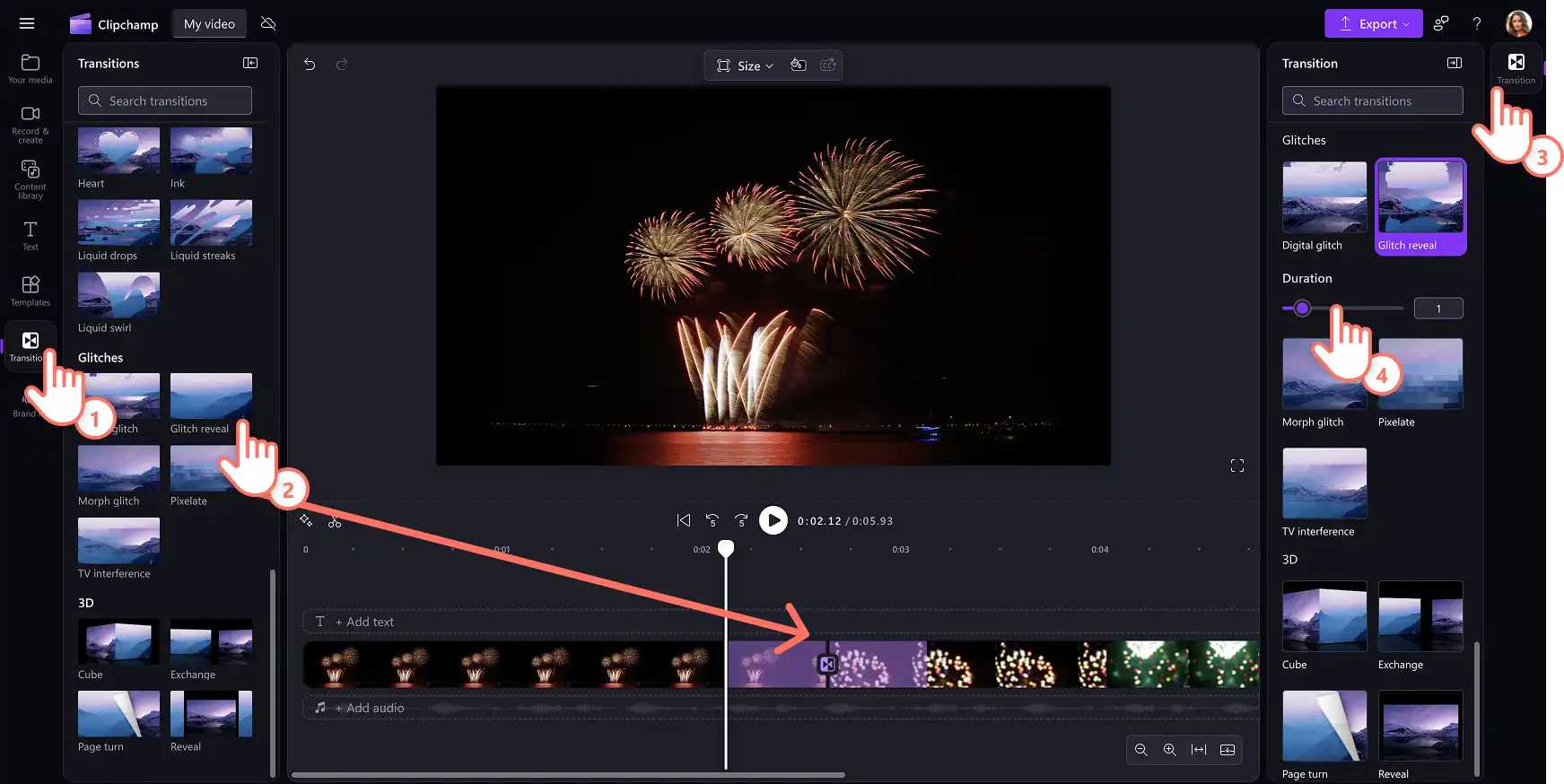 Imagem de um usuário adicionando a transição de efeito estático à linha do tempo entre dois clipes.