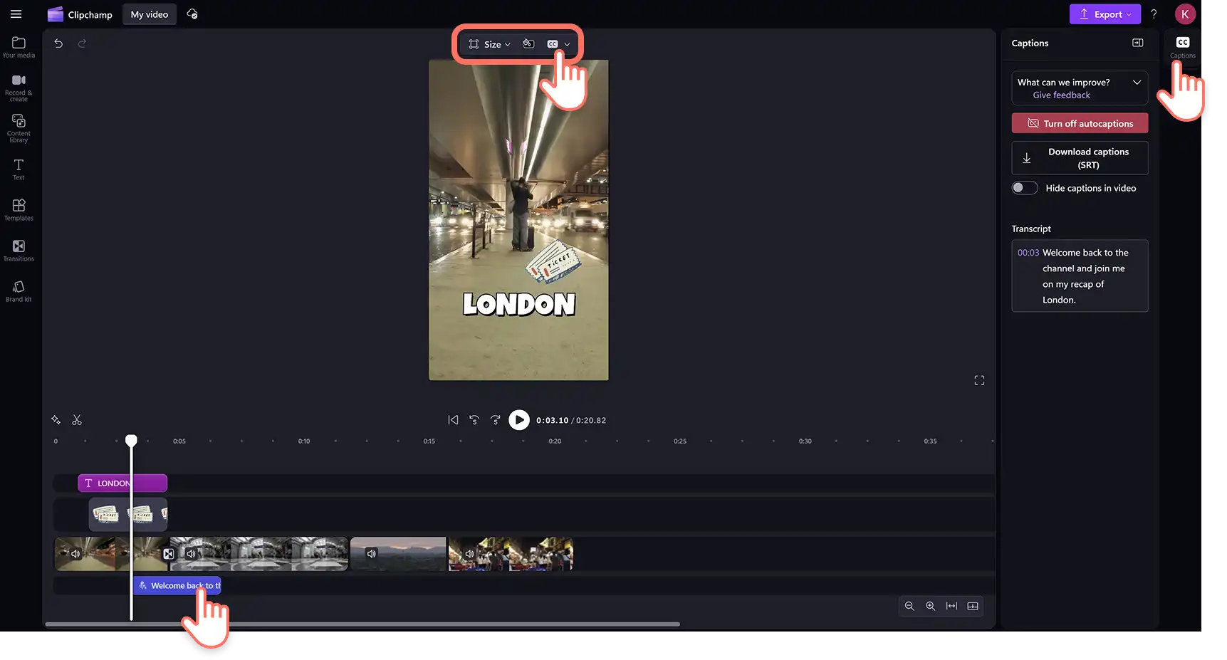 Użytkownik dodający automatyczne napisy AI do filmu z najważniejszymi momentami podróży w edytorze wideo Clipchamp. 