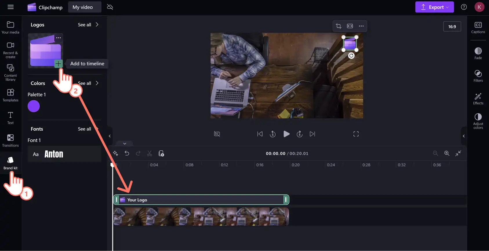 A user adding a logo from the brand kit tool to the timeline in Clipchamp.