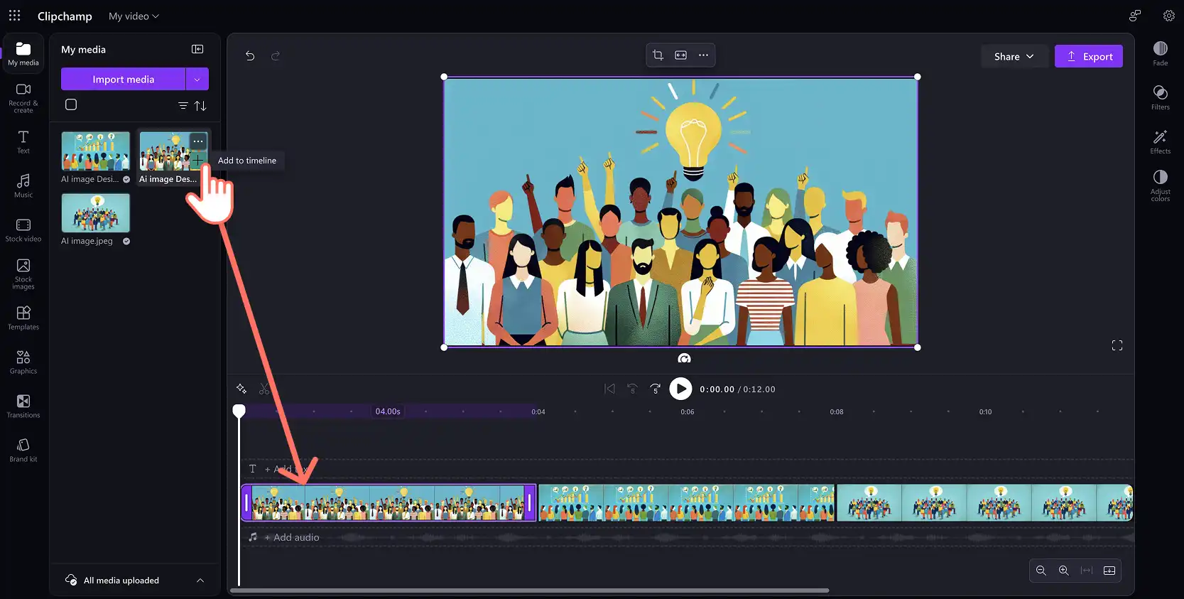 Un utilisateur ajoutant des images générées par l’IA dans la chronologie de Clipchamp pour le travail