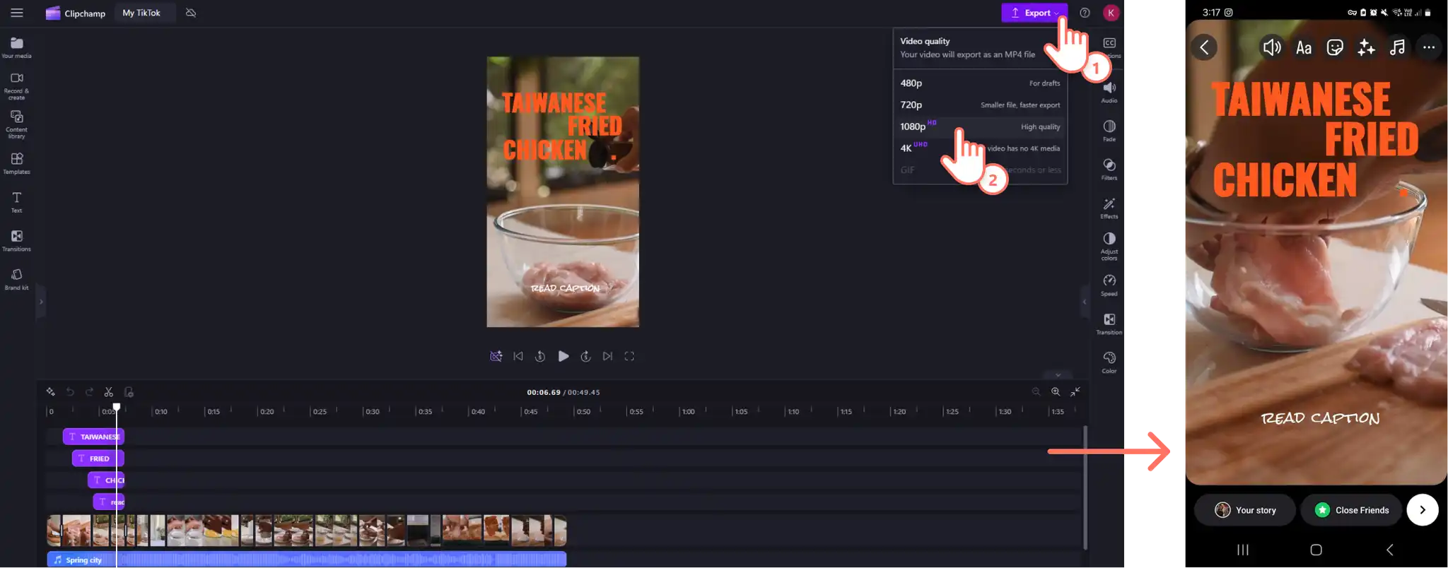 Et billede af en Clipchamp-bruger, der deler en Clipchamp-video på Instagram Stories.