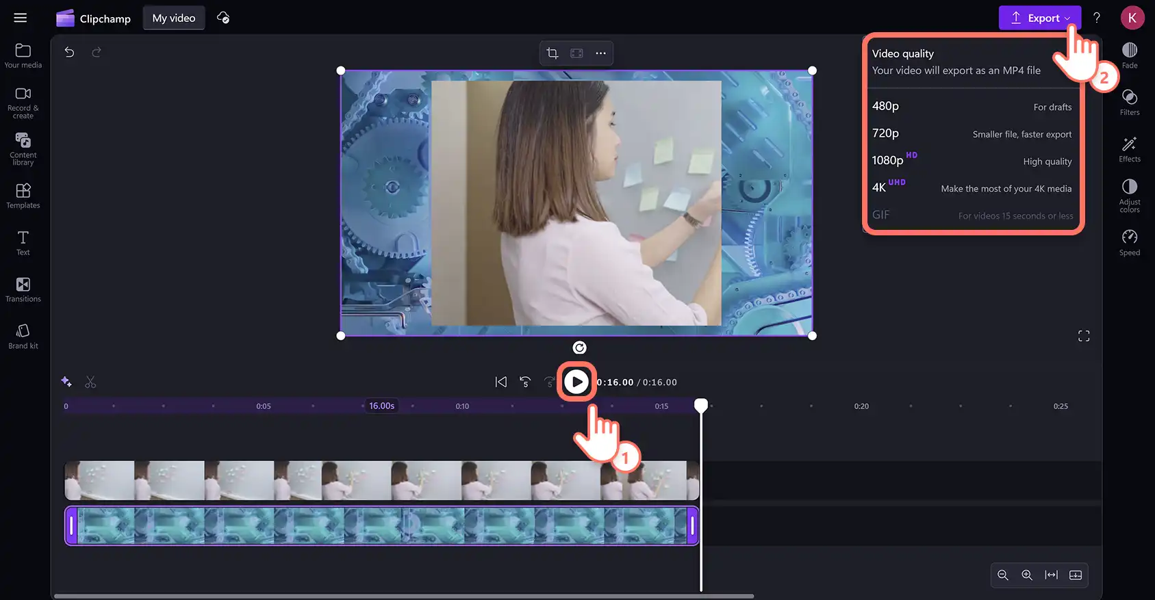 Clipchamp 動画エディターで動画をエクスポートしているユーザー。