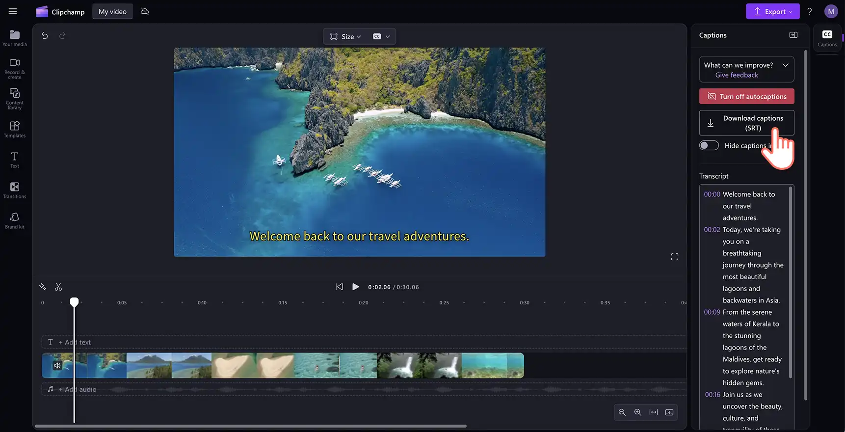 Imej seorang pengguna memuat turun transkrip SRT sari kata dalam Clipchamp.