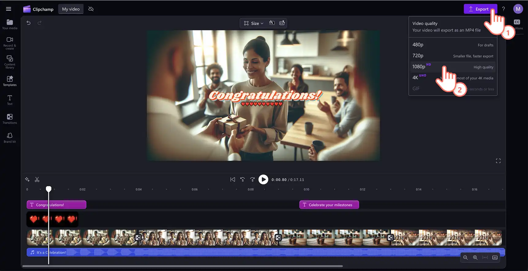 Pengguna menyimpan video peragaan slide dalam kualitas tinggi di Clipchamp