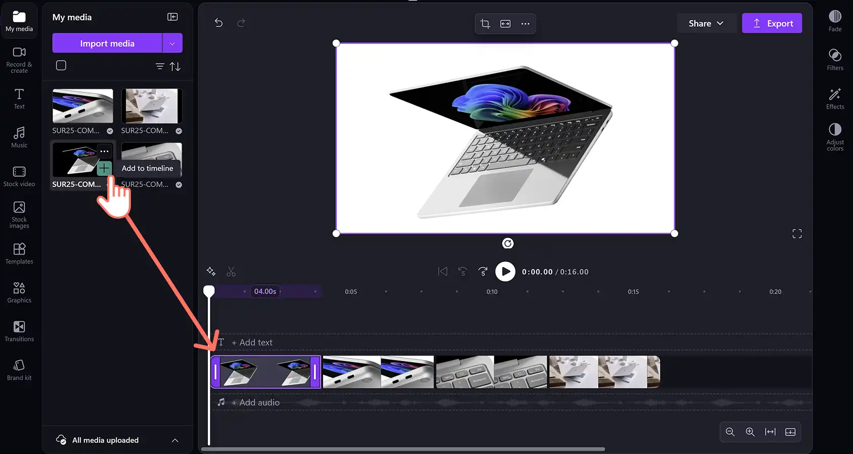 A user adding product demo visuals onto the timeline in Clipchamp for work.