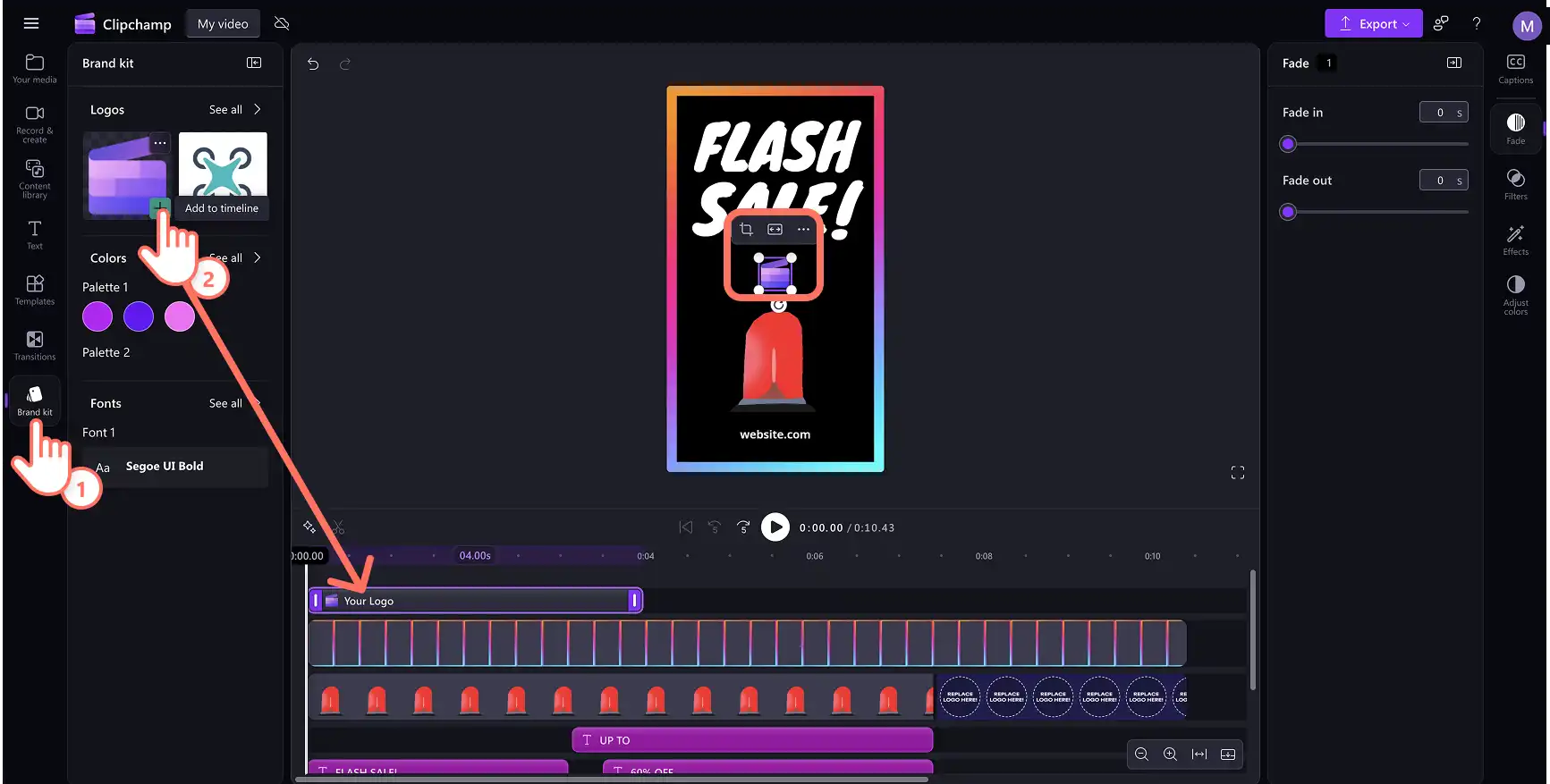 An image of a Clipchamp user selecting the brand kit in the toolbar while editing a Facebook Story video.