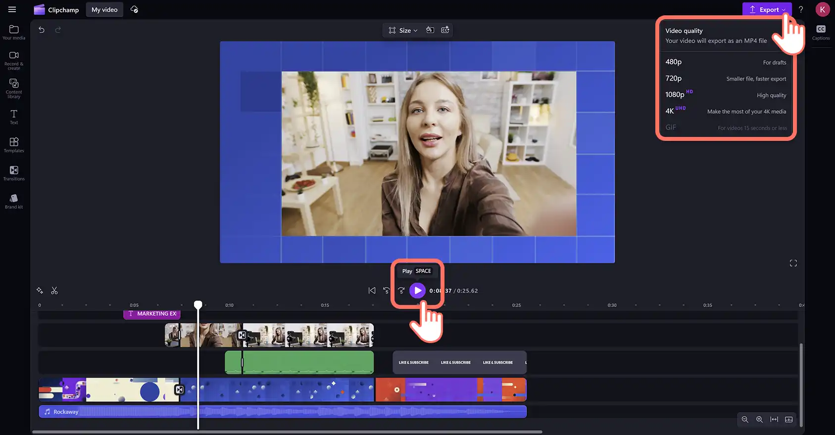 En bruger eksporterer en video lavet med en gratis skabelon i Clipchamp-videoeditoren. 