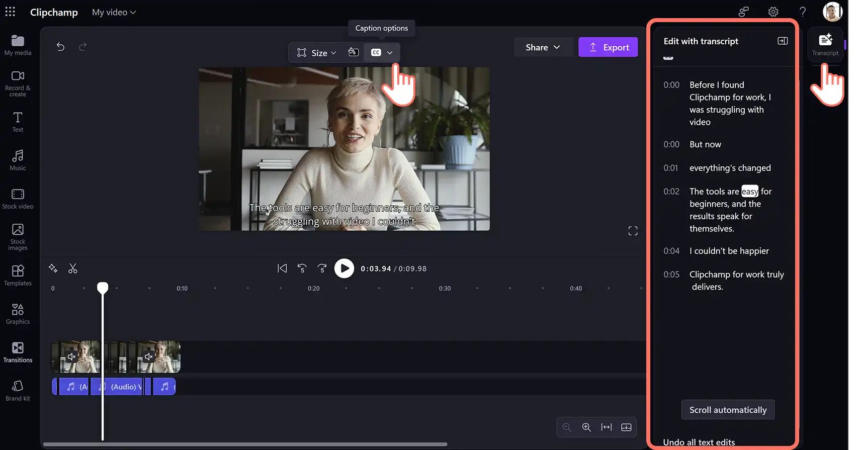 En bruger føjer undertekster drevet af kunstig intelligens til en video med kundeudtalelser i Clipchamp til arbejde.