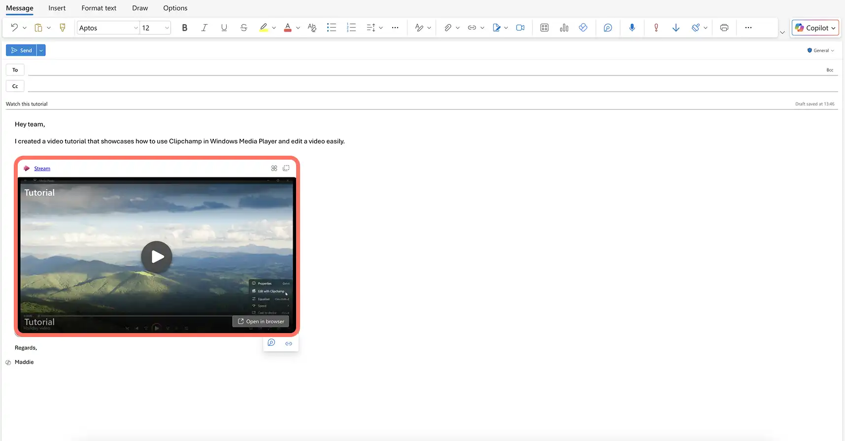 Usuário inserindo um vídeo do OneDrive no Outlook