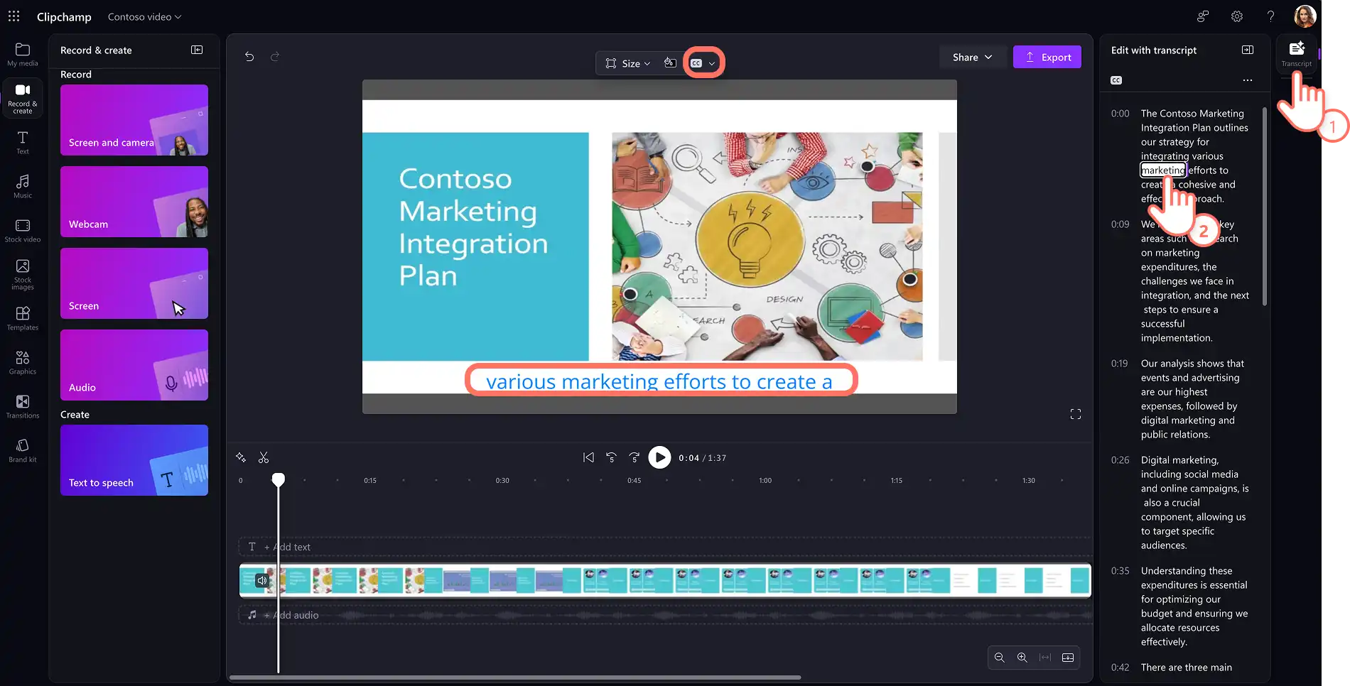 ผู้ใช้กำลังสร้างการถอดเสียงพูดและคำบรรยายด้วย AI ใน Clipchamp สำหรับงาน