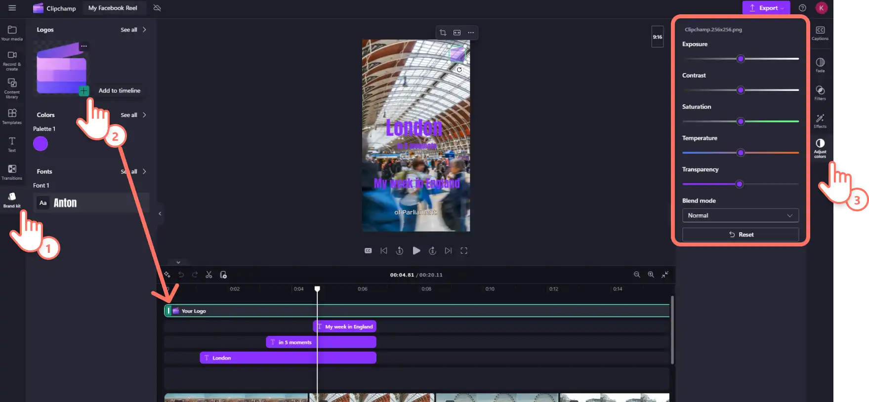 A user adding branding to the video in Clipchamp.