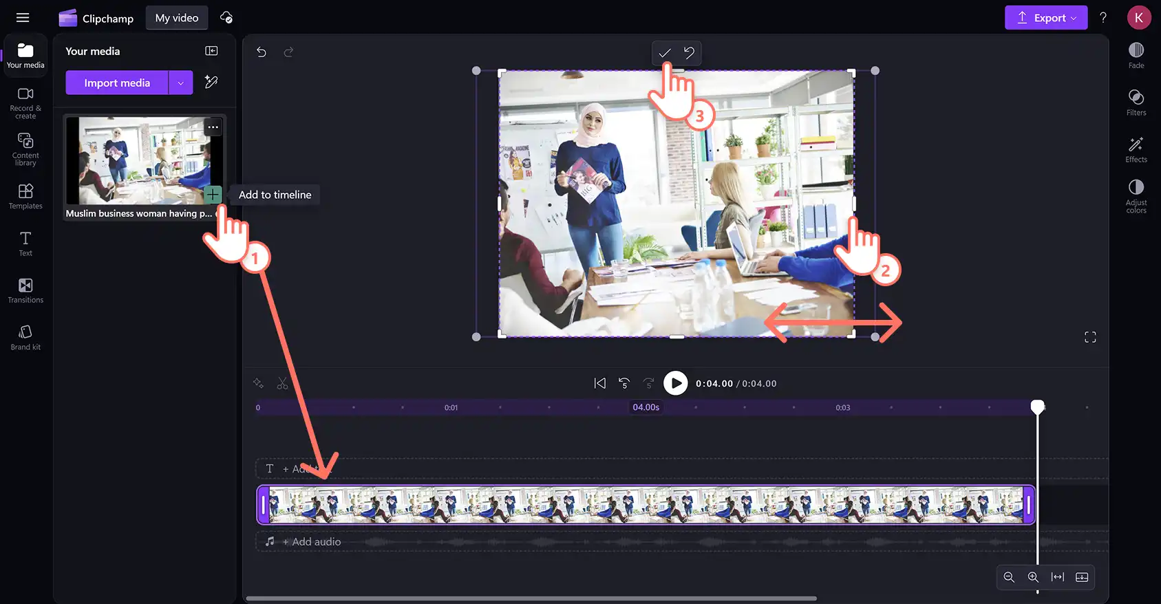 Clipchamp 動画エディターで画像クロップ ツールを使用しているユーザー。