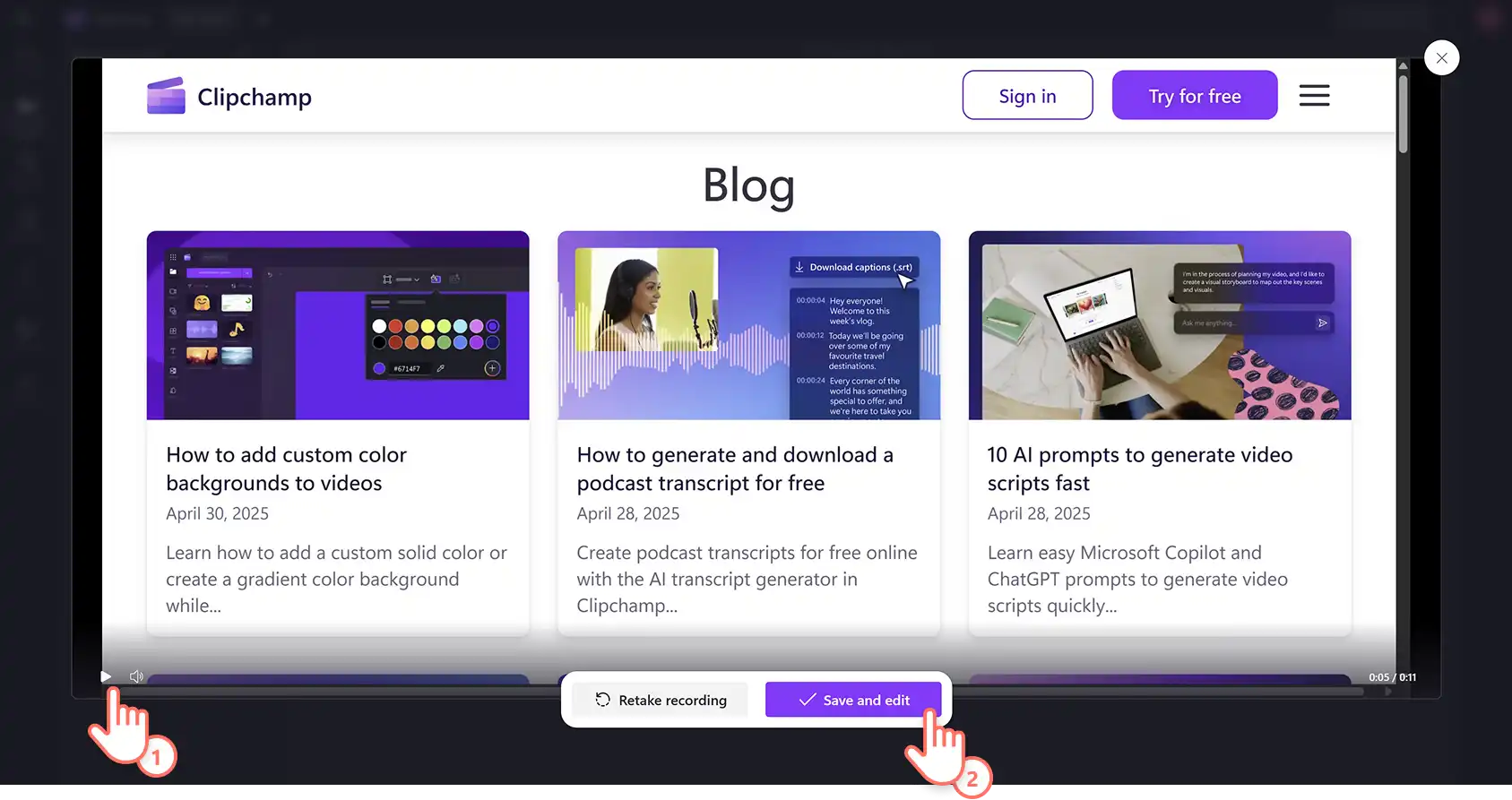 Käyttäjä esikatselemassa ja tallentamassa näytön sisältöä Clipchamp-videoeditorissa.