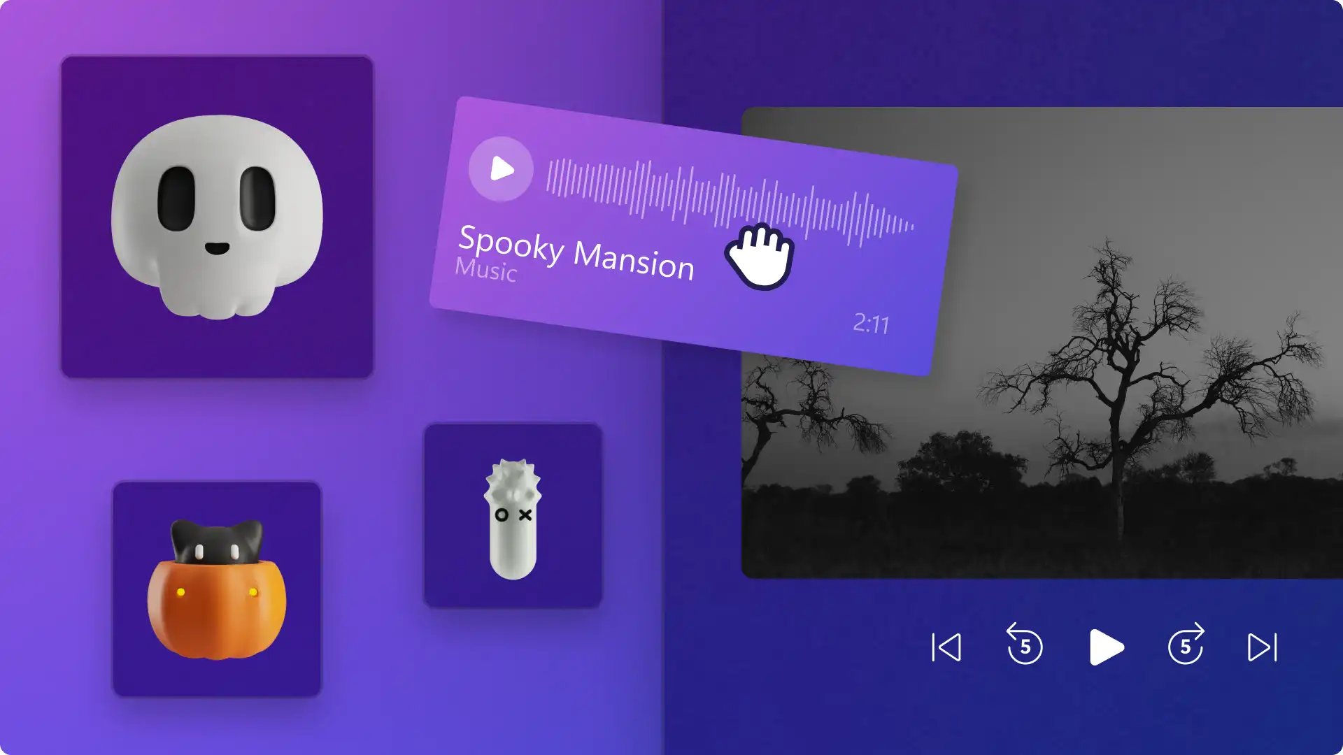 Imej pelekat dan muzik Halloween dalam editor. 