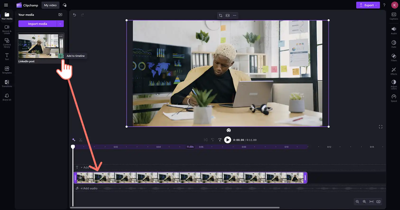 A user adding a video to the timeline on Clipchamp video editor.