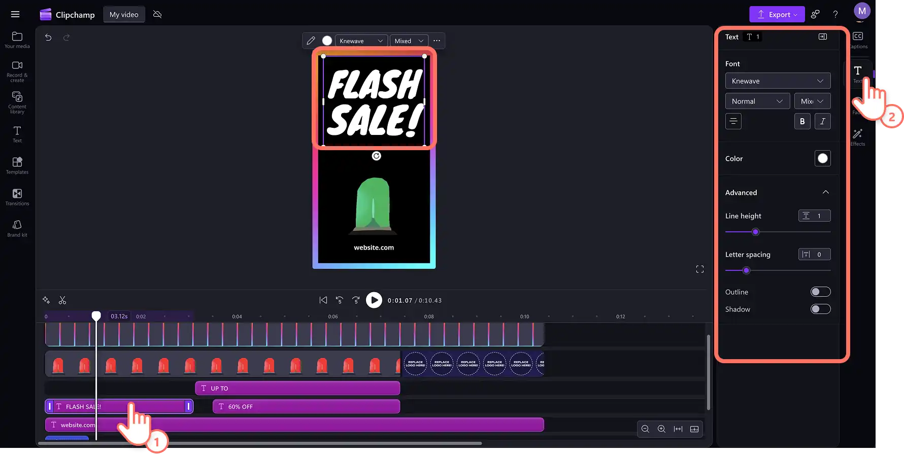 An image of a Clipchamp user editing the text in a Facebook Story template.