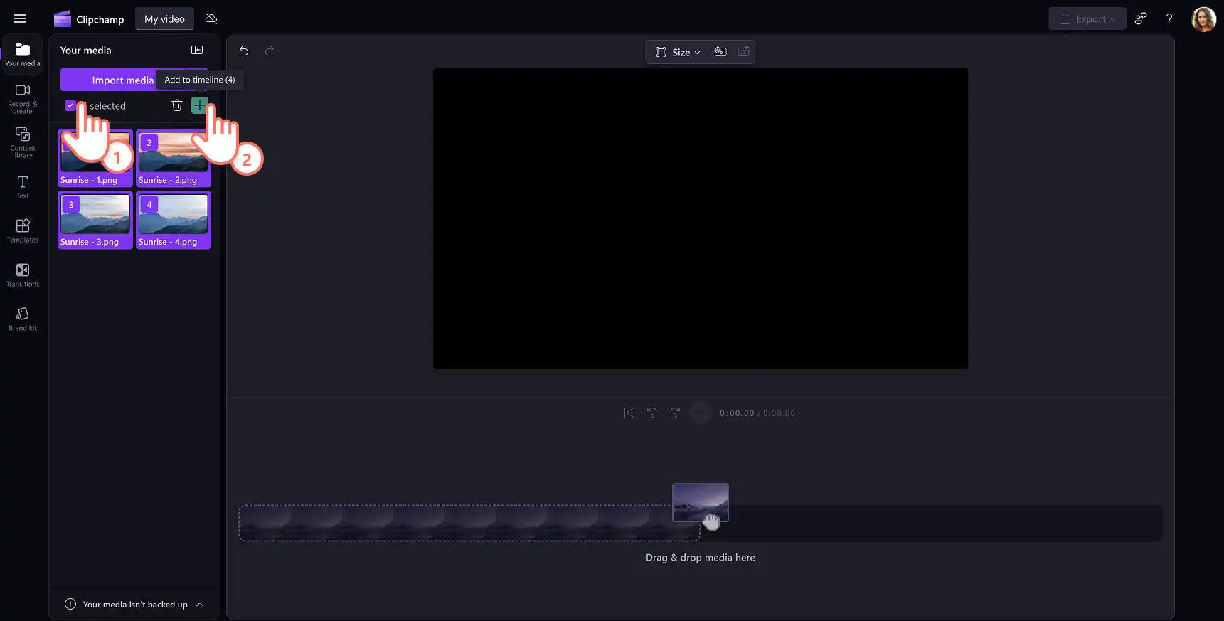 사용자가 Clipchamp 미디어를 타임라인 끌어서 떨어뜨립니다.