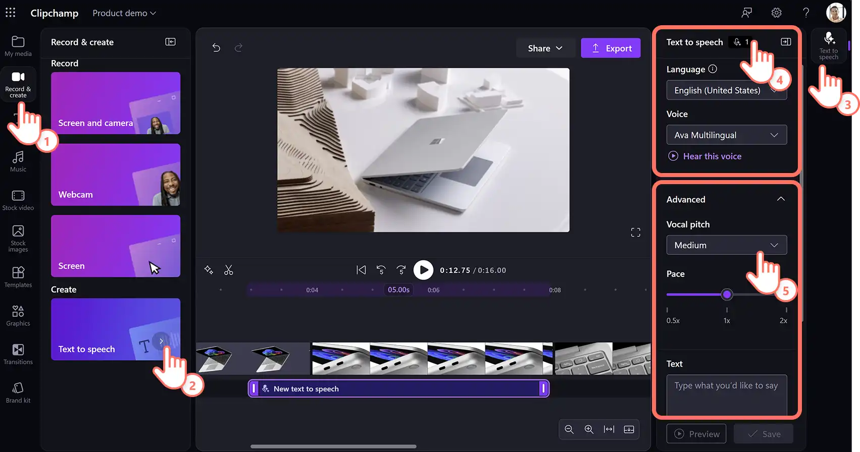 A user adding a text to speech voiceover and changing the settings in Clipchamp for work.
