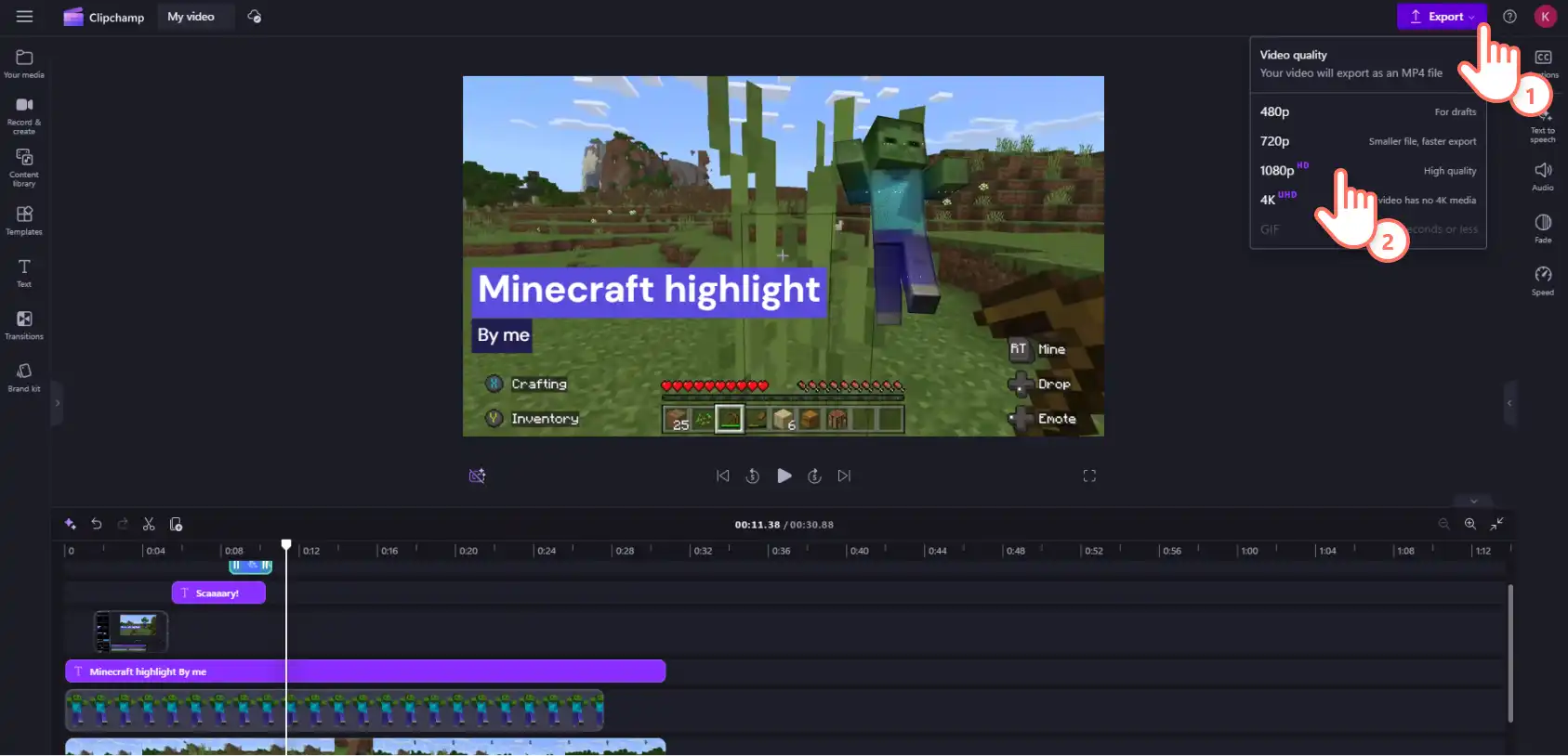 An image of a Clipchamp user exporting their video in 1080p.