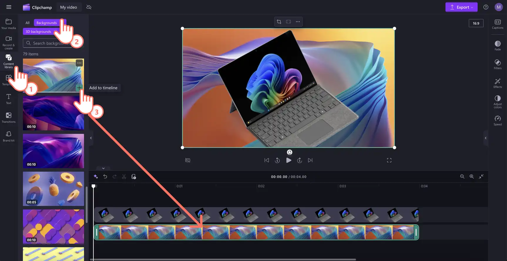 Käyttäjä, joka lisää uuden videon taustan läpinäkyvään kuvaan Clipchamp. 