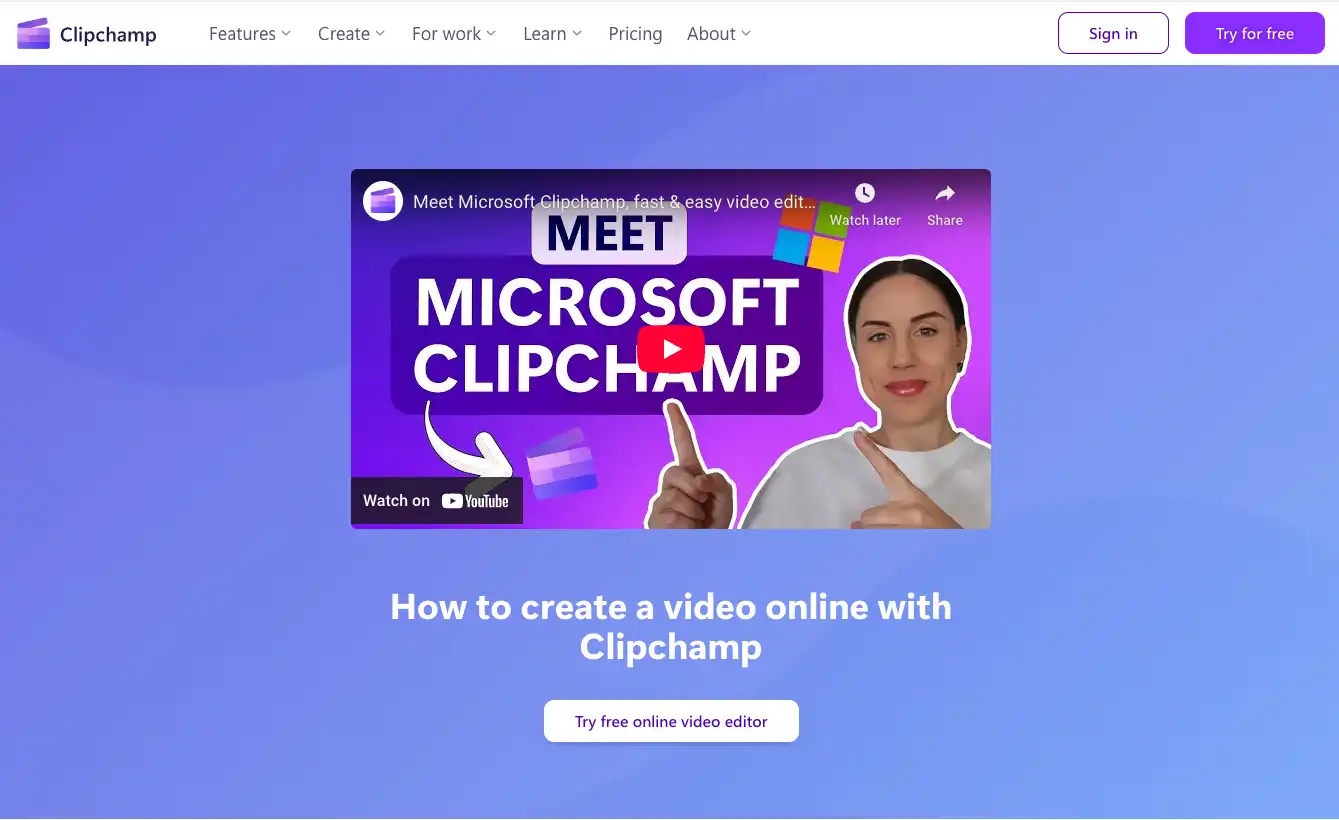 Một video YouTube được nhúng trên trang web hướng dẫn cách sử dụng trình chỉnh sửa video Clipchamp. 
