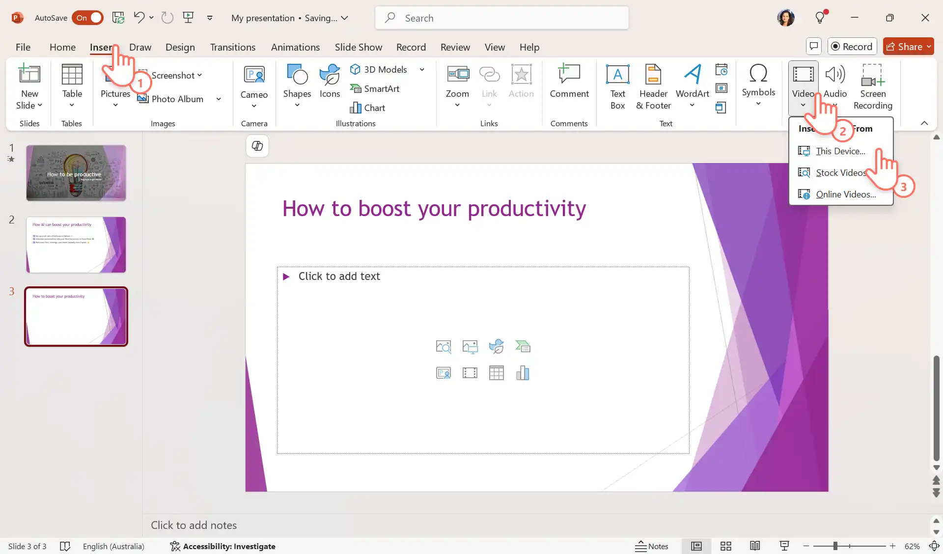 Un usuario añadiendo un vídeo desde el dispositivo en PowerPoint