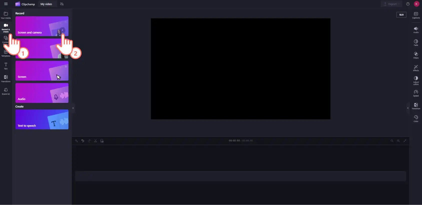 A user selecting the screen and webcam recorder in Clipchamp.