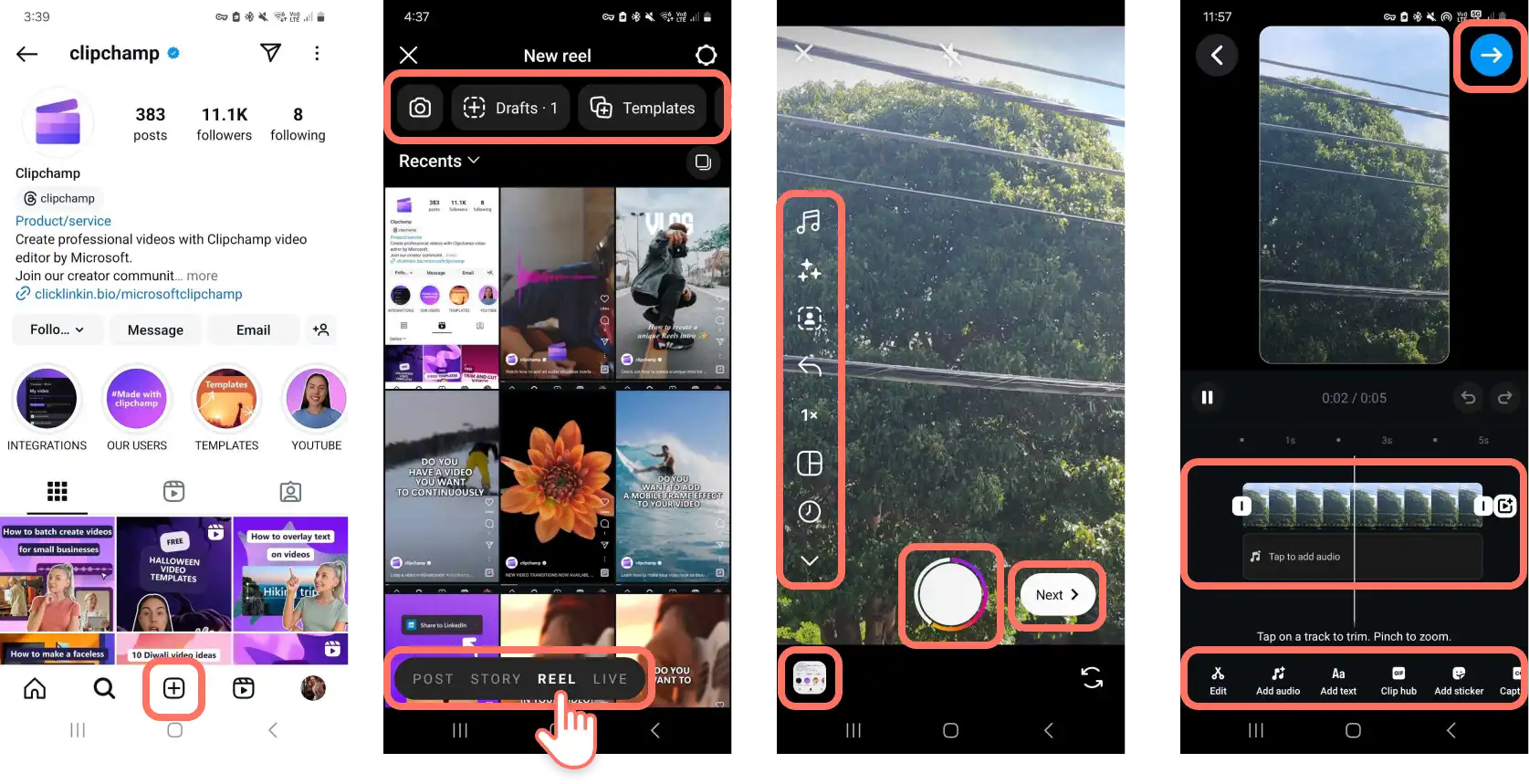 Ảnh chụp màn hình trình tạo Reel trên Instagram trong ứng dụng Instagram trên điện thoại thông minh.