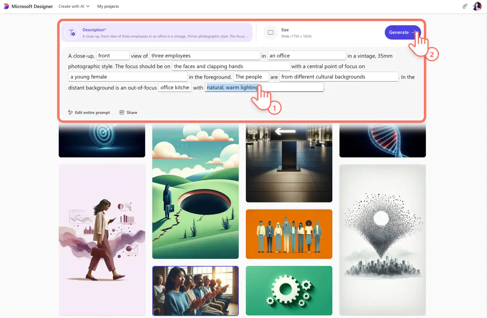 Pengguna mengedit perintah pembuatan gambar AI di dalam alat Microsoft Image Creator.