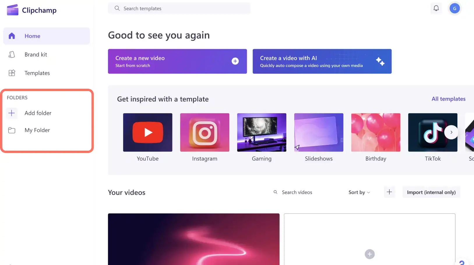 Знімок екрана: головна сторінка Clipchamp. Курсор миші наведено на кнопку "Створити папку", а поряд збережено кілька відеокліпів.