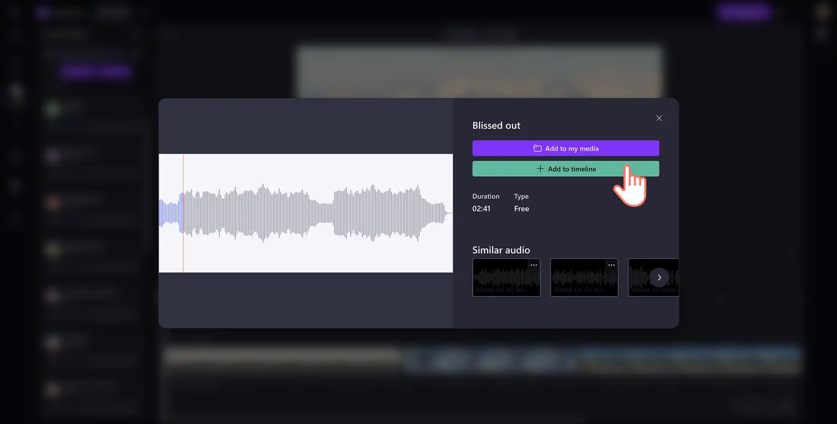 A user previewing a royalty-free audio file in the full-screen pop-up window in Clipchamp.