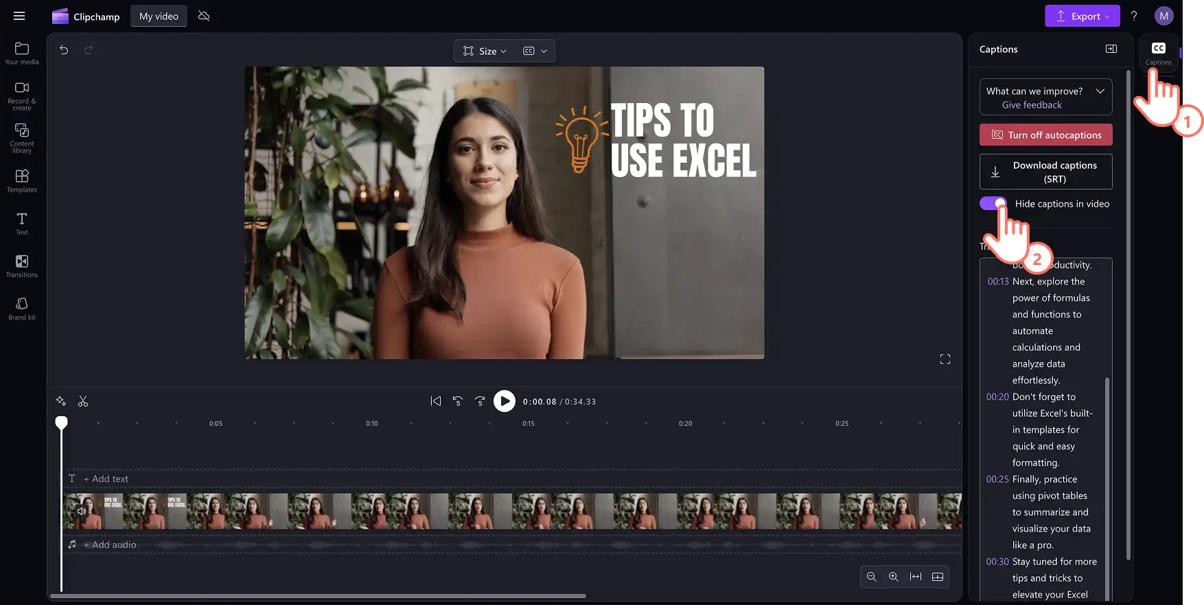 用户在 Clipchamp 中隐藏自动辅助字幕。